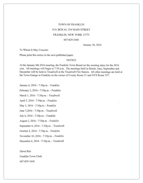Schedule of Franklin NY Town Board meetings for 2016
